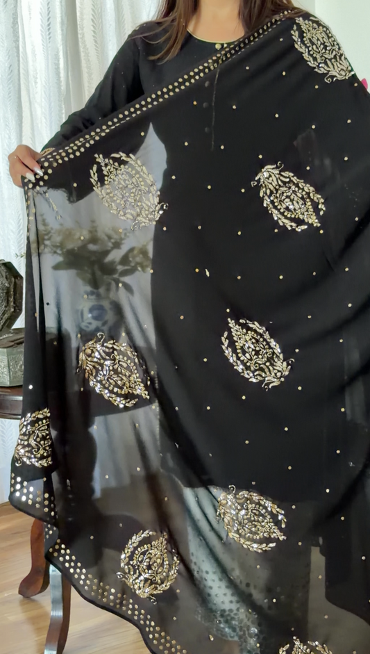 Black Pure Georgette Dupatta with Gold Mukaish Badla