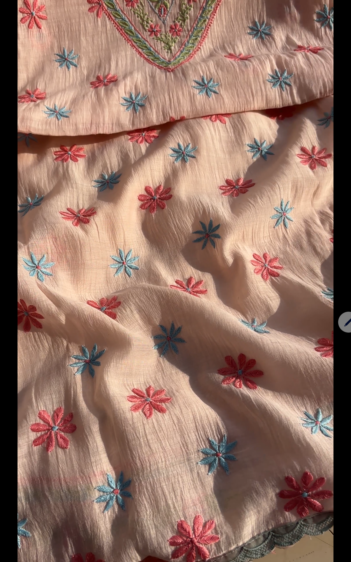 Soft Peach Mul Chanderi Suit Set with Multi Colour Chikankari