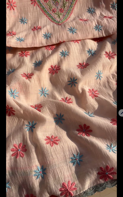 Soft Peach Mul Chanderi Suit Set with Multi Colour Chikankari
