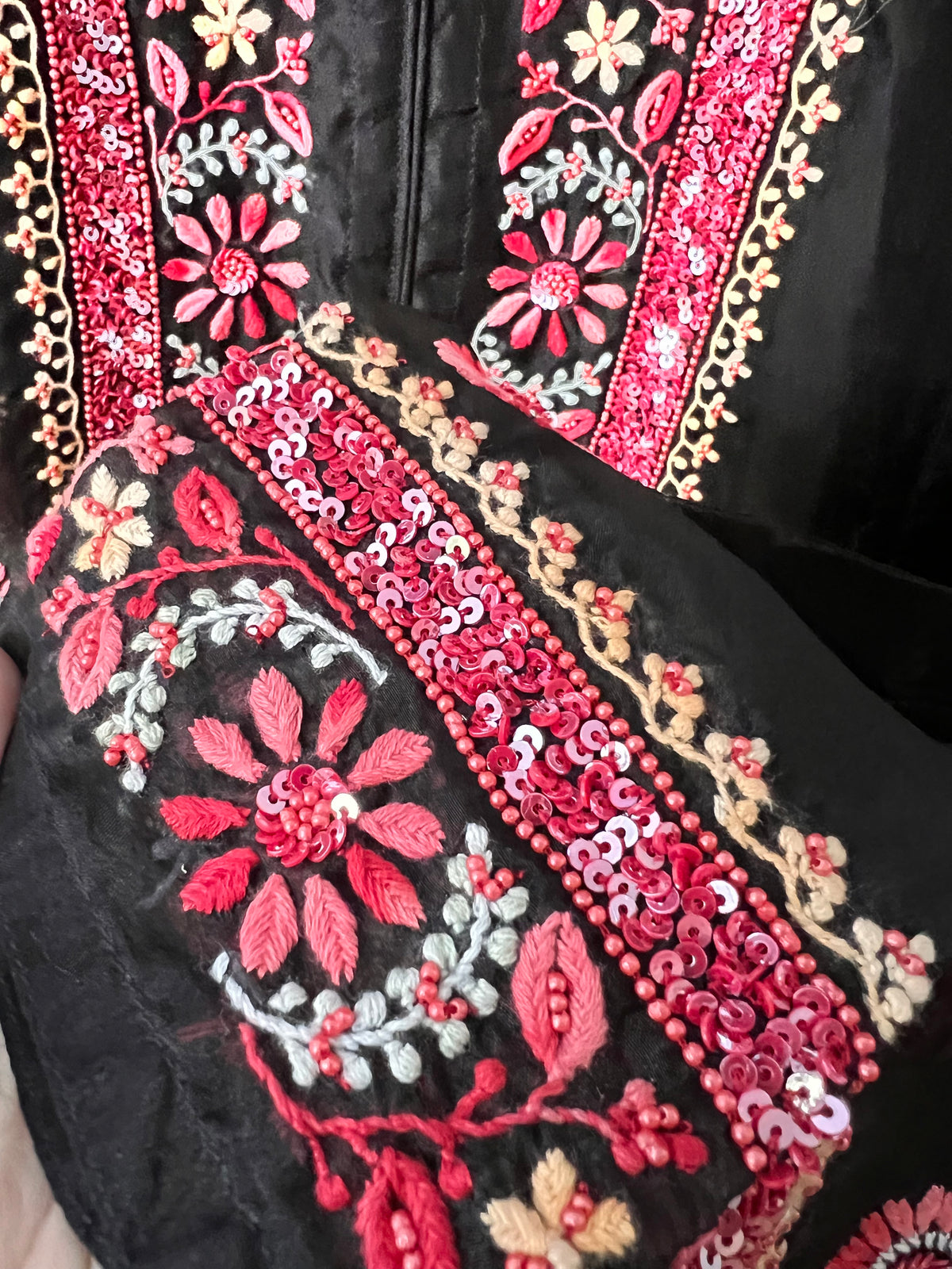 Black Pure Organza Silk Kurta Set with Multi Colour Chikankari and Embellishments
