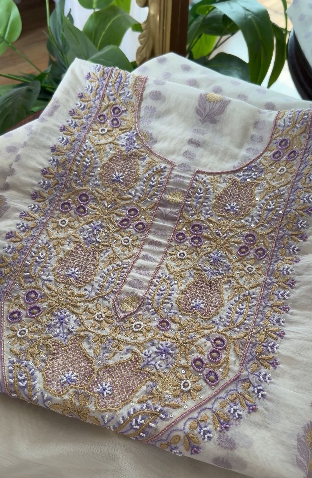 Lavender Chanderi Banarasi Zari Suit Set with Chikankari and Embellishments