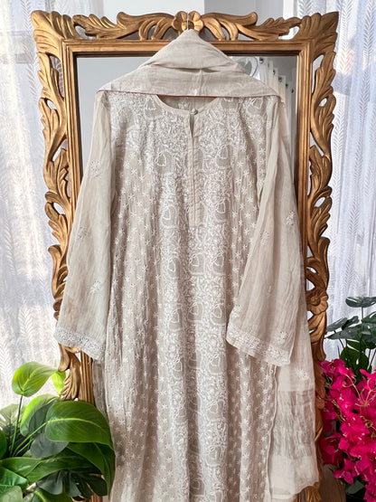 Silver Tissue Chanderi Silk Suit with Chikankari, Kasab Haath Jaali and Mukaish