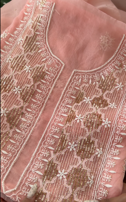 Peachy Pink Pure Organza Silk Suit with Hand-embroidered Chikankari & Sequins