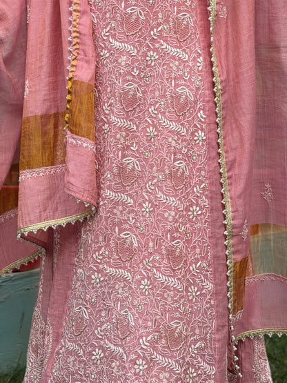 Dusty Rose Tissue Chanderi Chikankari Anarkali with intricate embroidery and detailing in a soft pink hue.