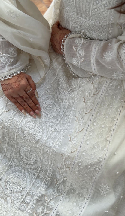 White Mul Chanderi Suit Set with Chikankari and Embellishments