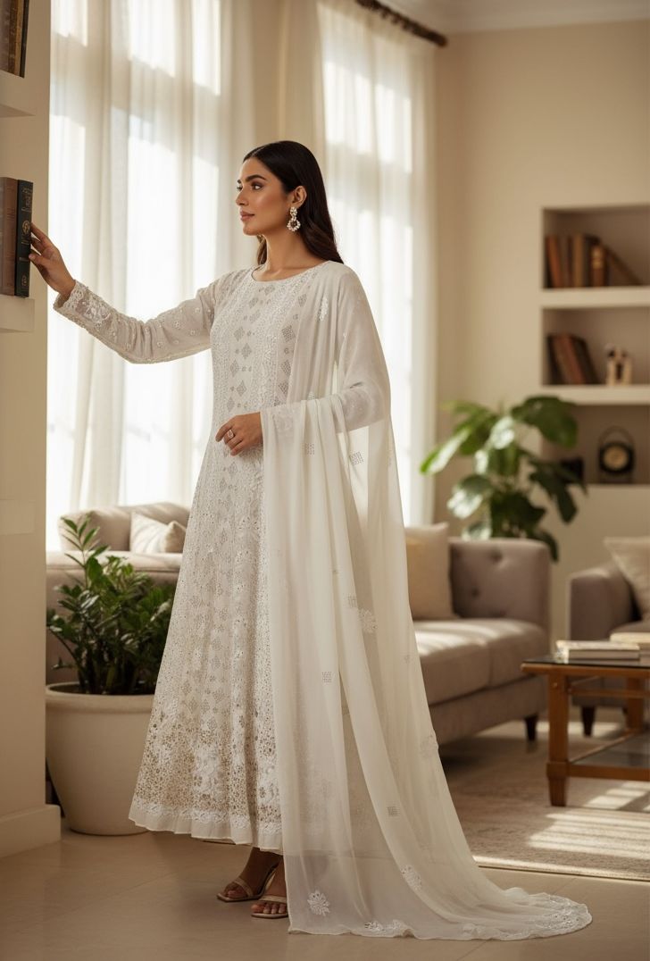 White Dove Chikankari & Mukaish Anarkali