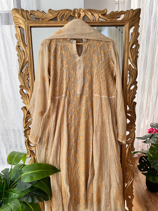 Natural Gold Beige Tissue Chanderi Silk Anarkali with Chikankari, Kasab Haath Jaali and Mukaish