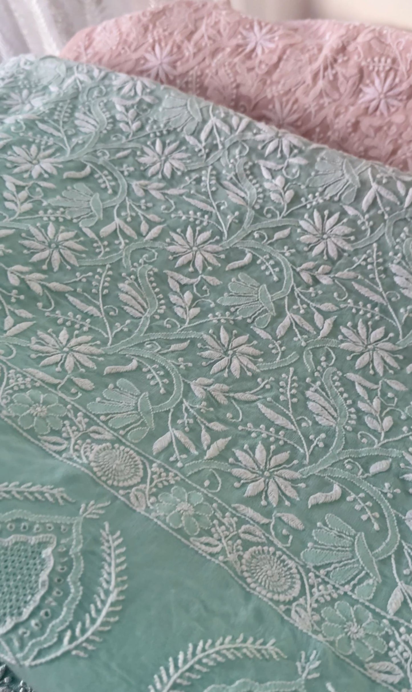 Sea Foam Green and Blush Pink Pure Georgette Chikankari Suit