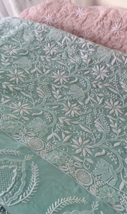Sea Foam Green and Blush Pink Pure Georgette Chikankari Suit