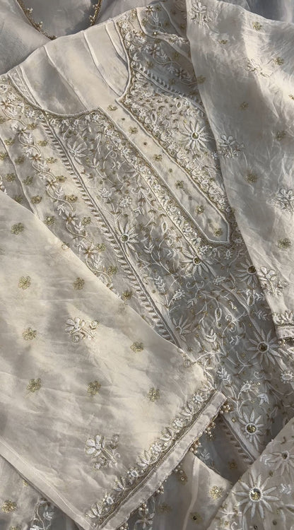 Pure Organza Silk Anarkali – Hand-Embroidered Chikankari & Luxe Embellishments