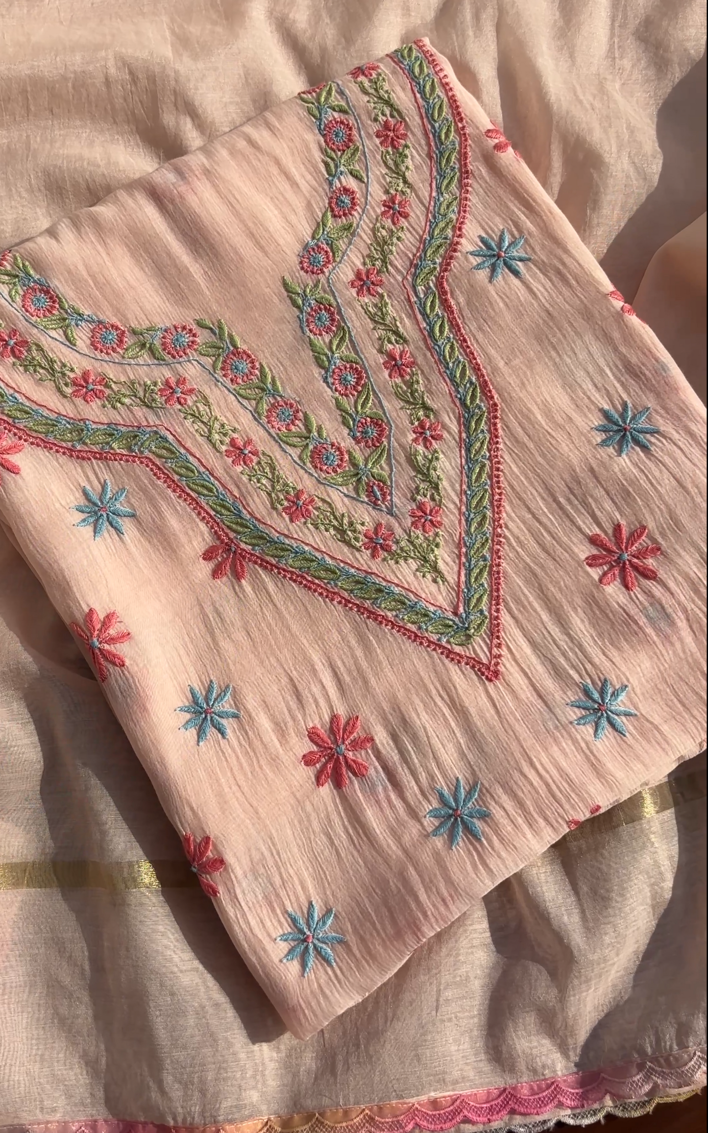 Soft Peach Mul Chanderi Suit Set with Multi Colour Chikankari