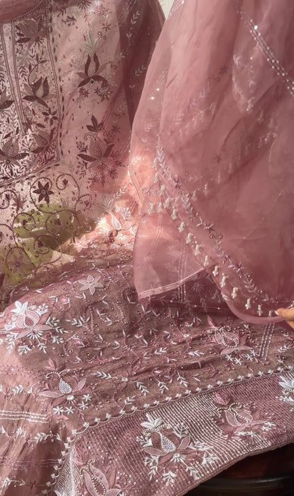 Wine Color Pure Organza Tissue Silk Suit Set with Hand Embroidery