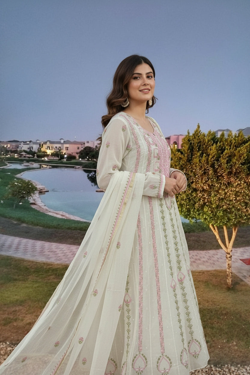 Mul Chanderi Chikankari Anarkali Suit