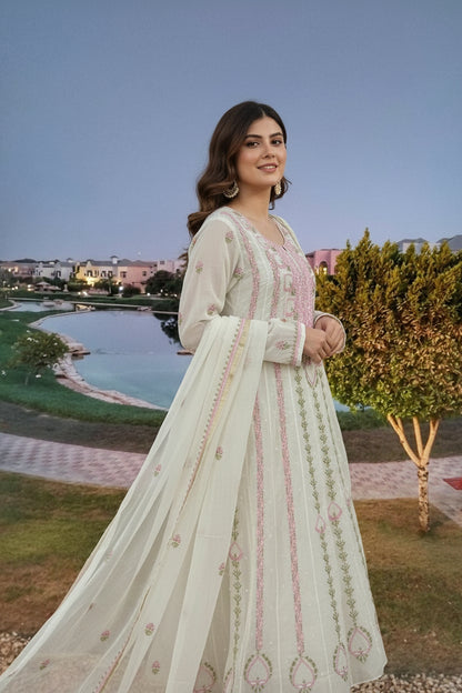 Mul Chanderi Chikankari Anarkali Suit