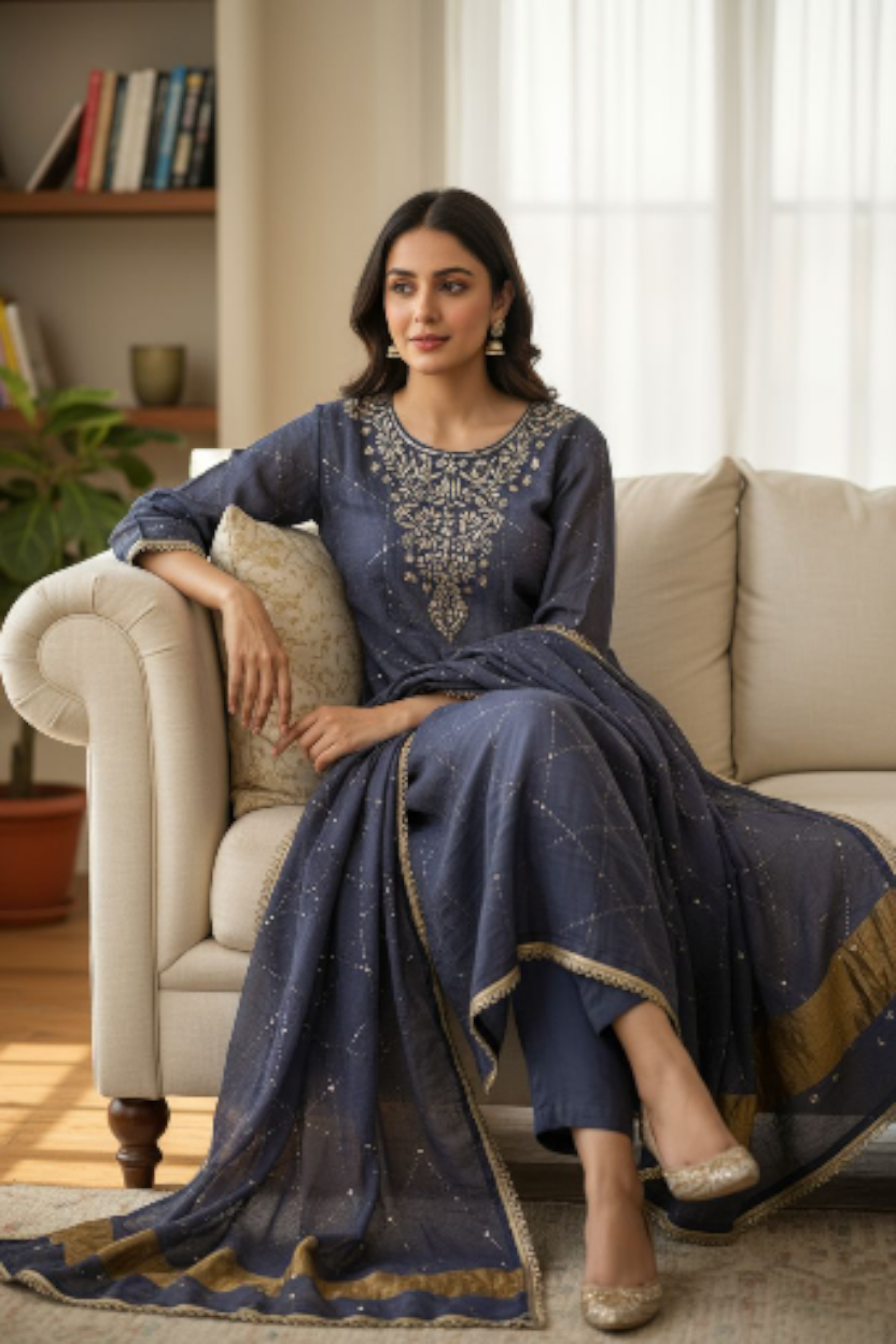 Indigo Blue Pure Tissue Chanderi Mukaish Suit