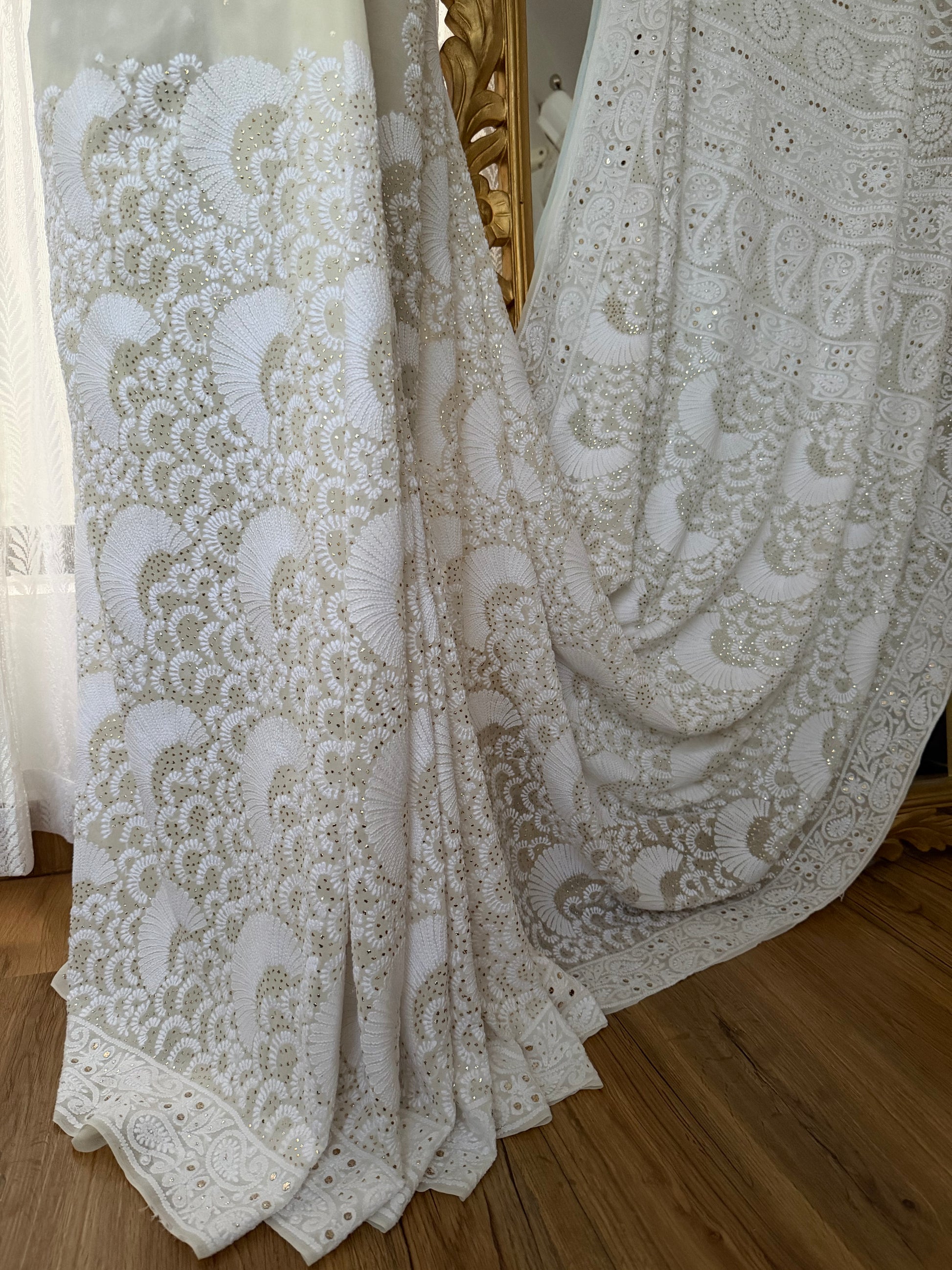 Pure Georgette Saree with Chikankari and Kamdani in Off White 