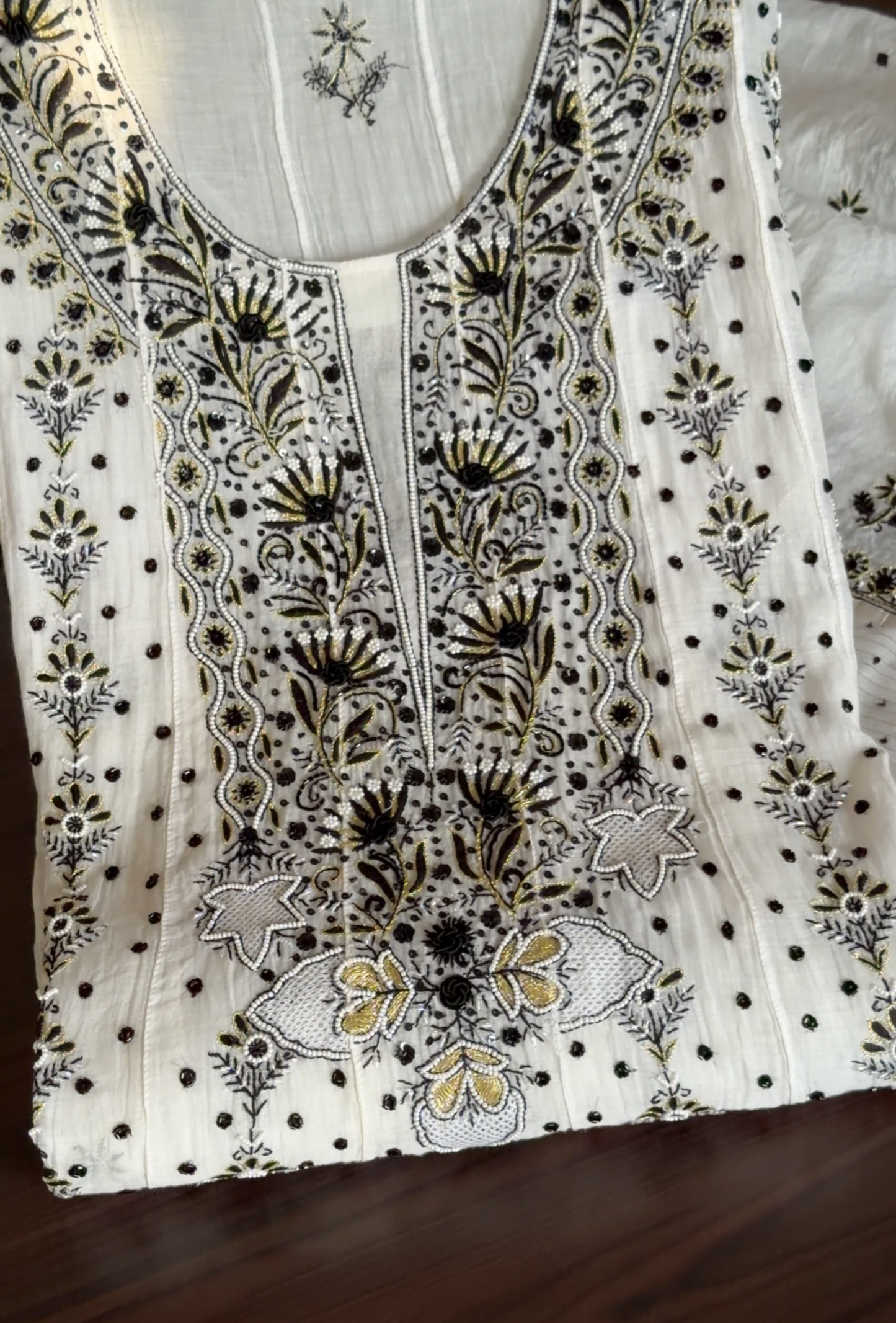 Monochrome Mul Chanderi Anarkali with Chikankari and Embellishments|