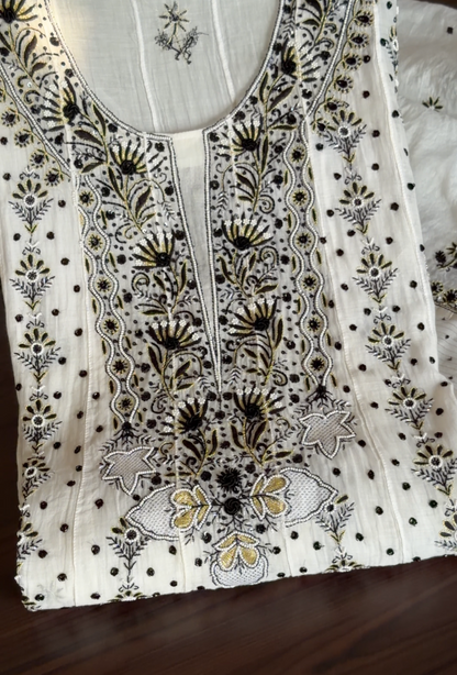 Monochrome Mul Chanderi Anarkali with Chikankari and Embellishments|
