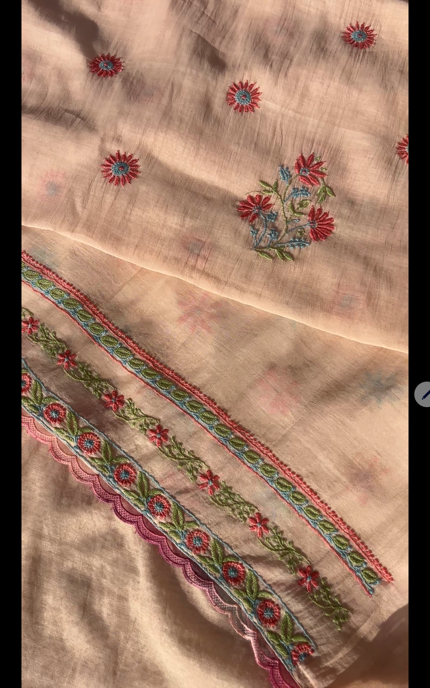 Soft Peach Mul Chanderi Suit Set with Multi Colour Chikankari