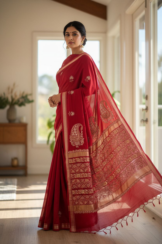 Red Chanderi Silk Saree - Chikankari and Embellishments