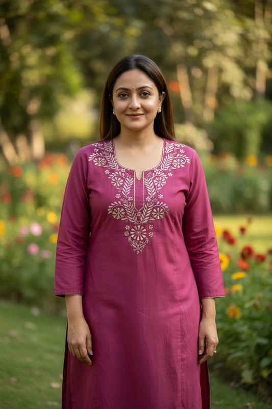 Chanderi Mukaish Kurta - Magenta