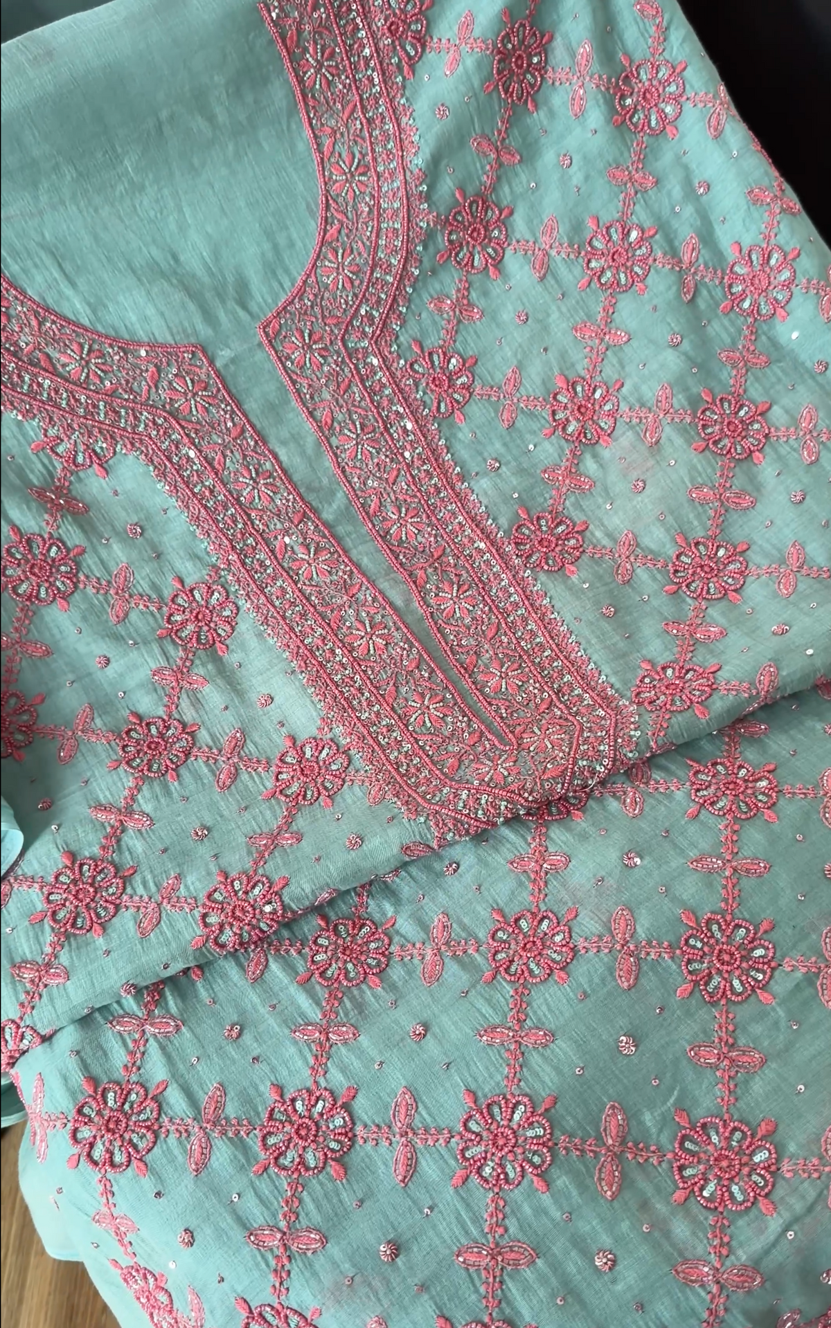 Sea Foam Green Mul Chanderi Suit Set with Chikankari and Embellishments