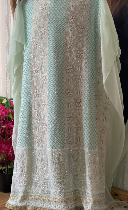 Pista Green Pure Georgette Suit with Chikankari & Embellishments