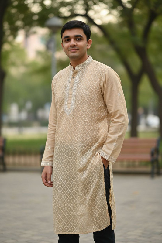 Man wearing Chikankari Kurta for Men in tissue silk