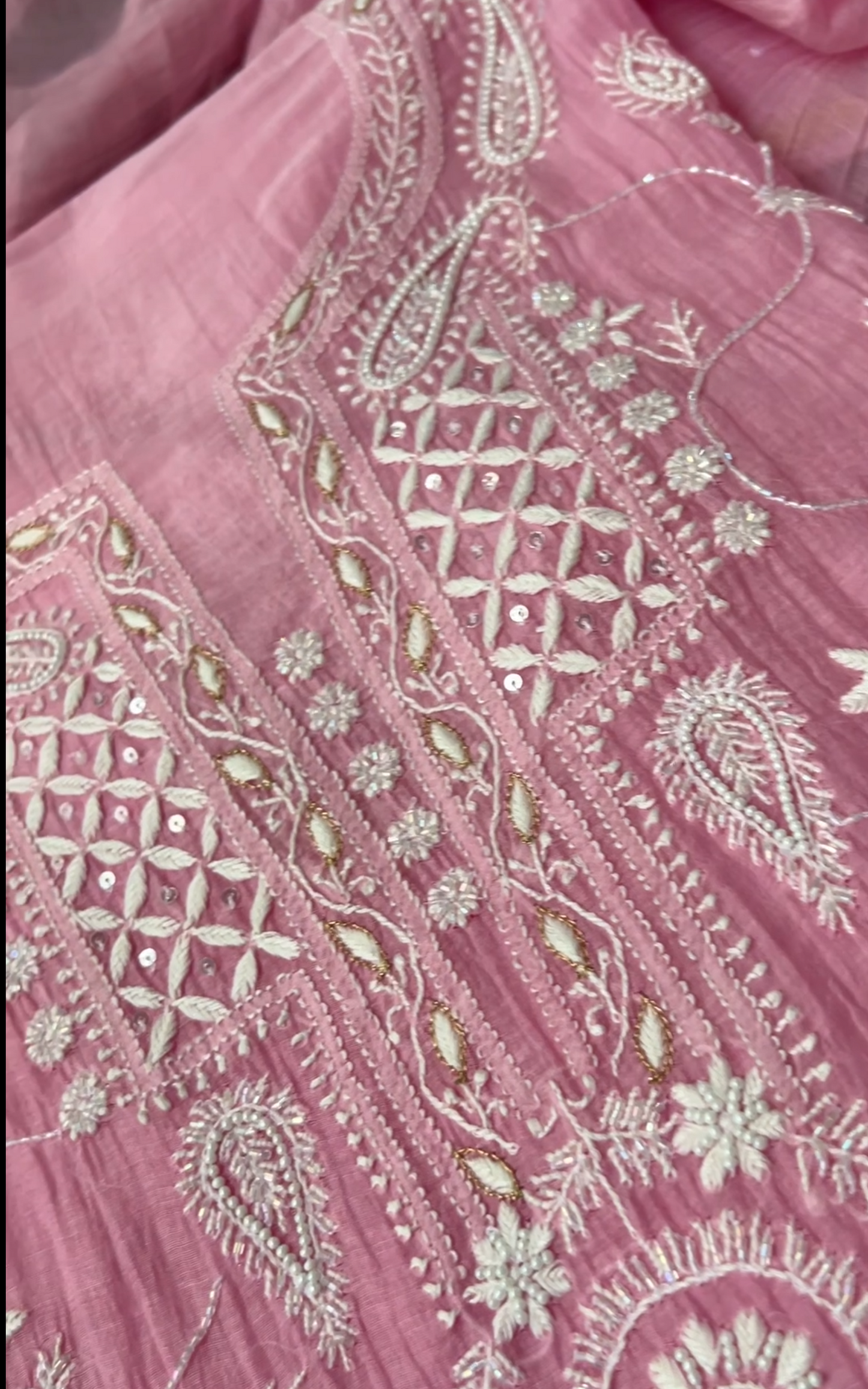 Rose Pink Mul Chanderi Suit with Chikankari & Embellishments