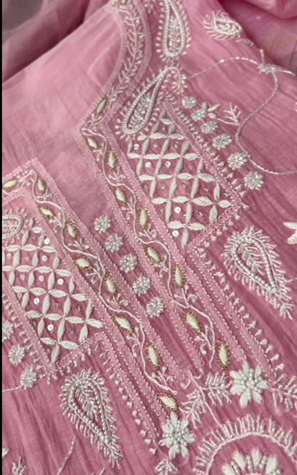 Rose Pink Mul Chanderi Suit with Chikankari & Embellishments