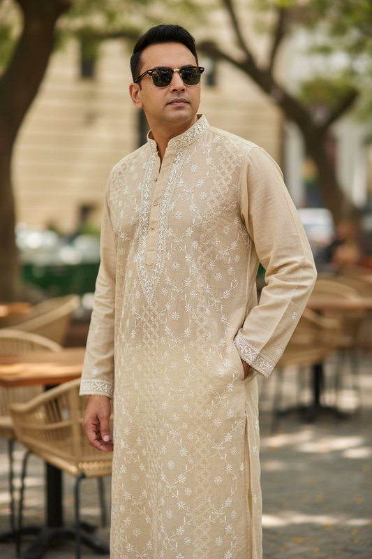 Man wearing Tissue Silk Chikankari Kurta for Men