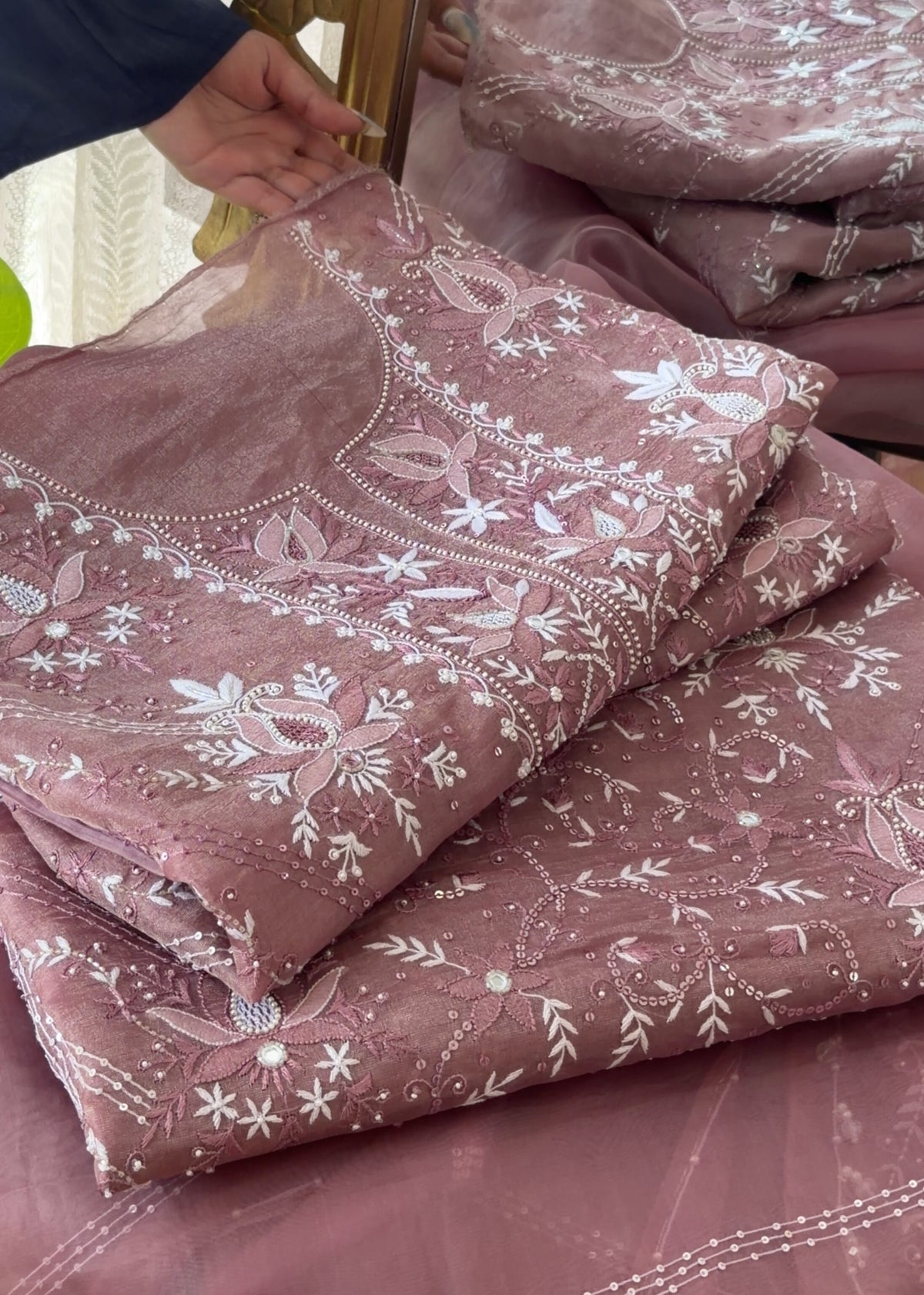 Wine Color Pure Organza Tissue Silk Suit Set with Hand Embroidery