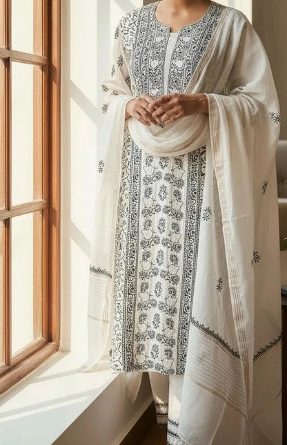 Monochrome Chikankari and Embellishments Kurta Set on Mul Chanderi with intricate detailing in natural light.