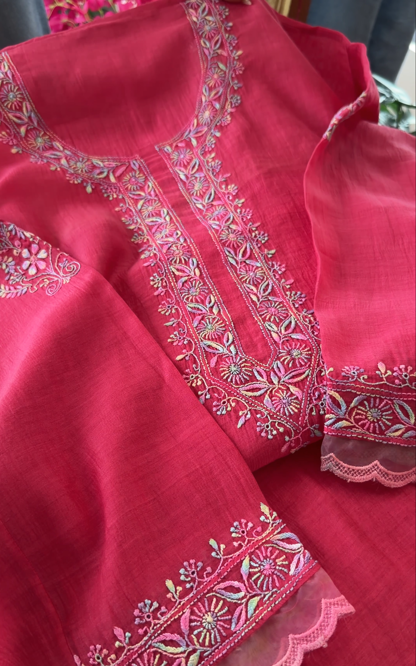 ShaSumz Exclusive: Pure Mul Chanderi Multi Colour Chikankari Suit Set
