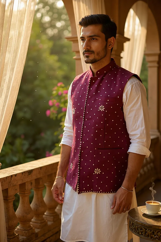 Man wearing Handcrafted Mukaish Jacket with a white kurta