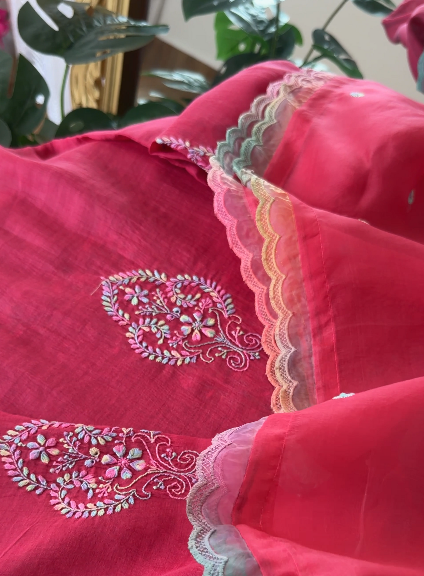 ShaSumz Exclusive: Pure Mul Chanderi Multi Colour Chikankari Suit Set