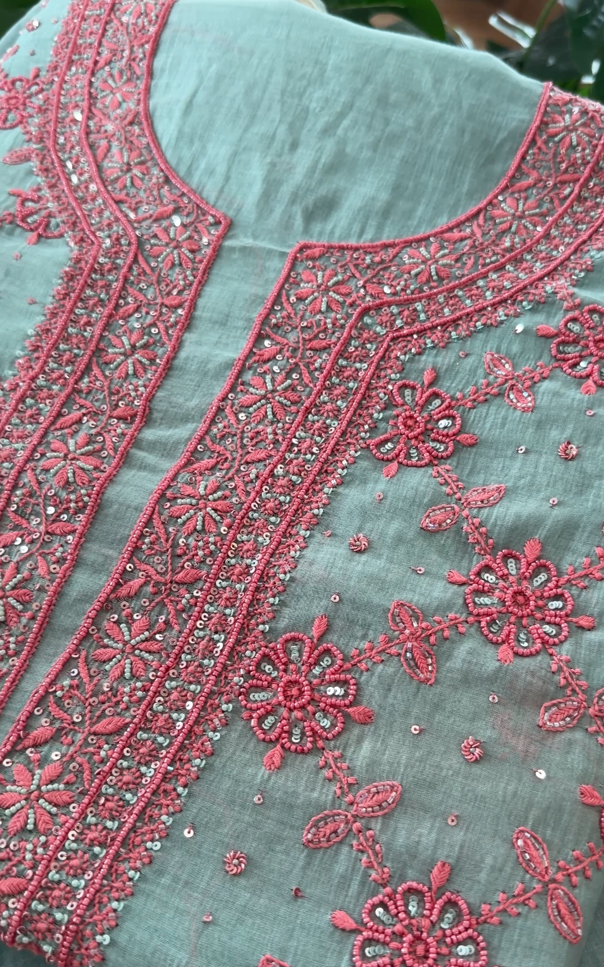 Sea Foam Green Mul Chanderi Suit Set with Chikankari and Embellishments