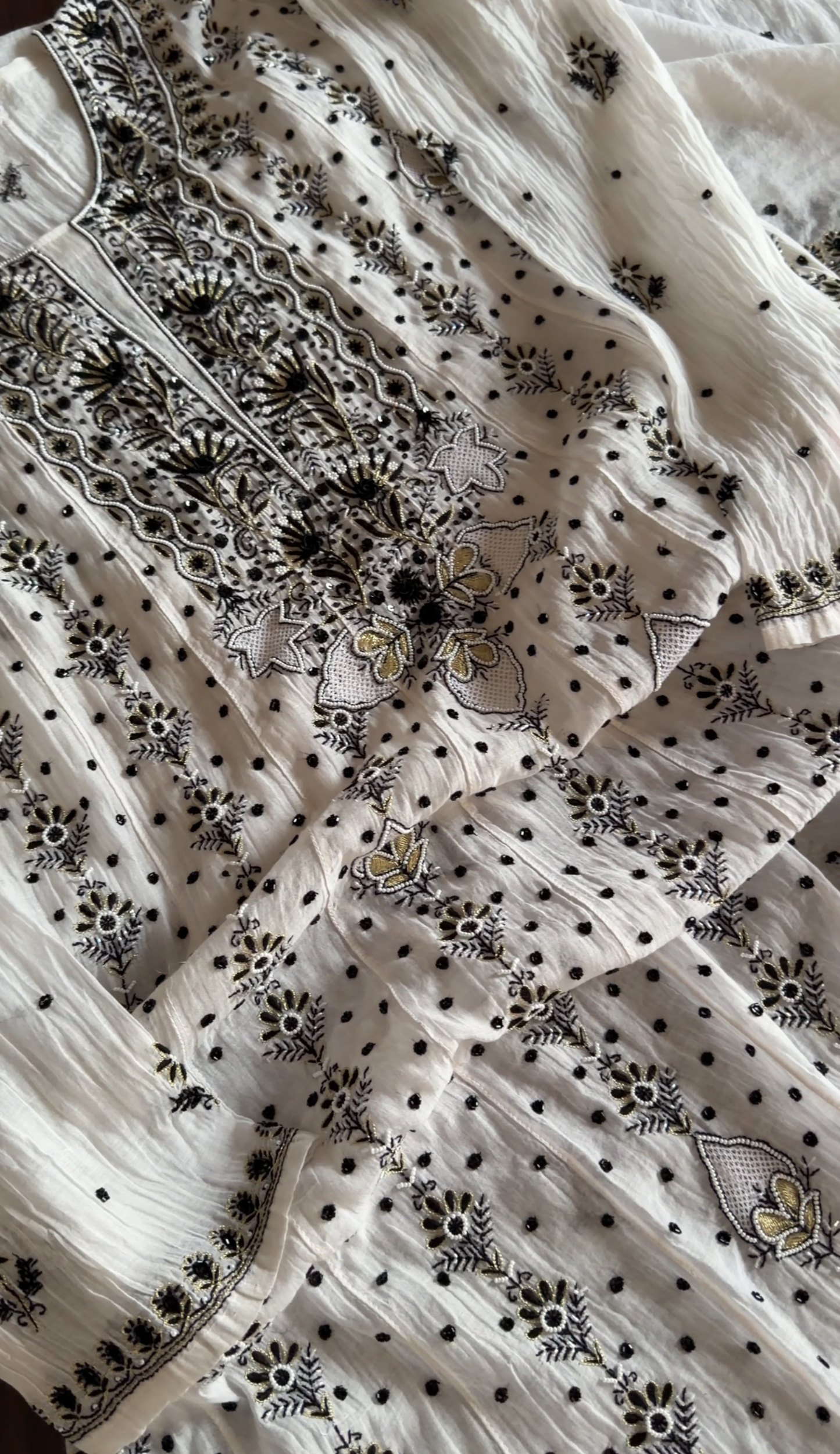 Monochrome Mul Chanderi Anarkali with Chikankari and Embellishments|