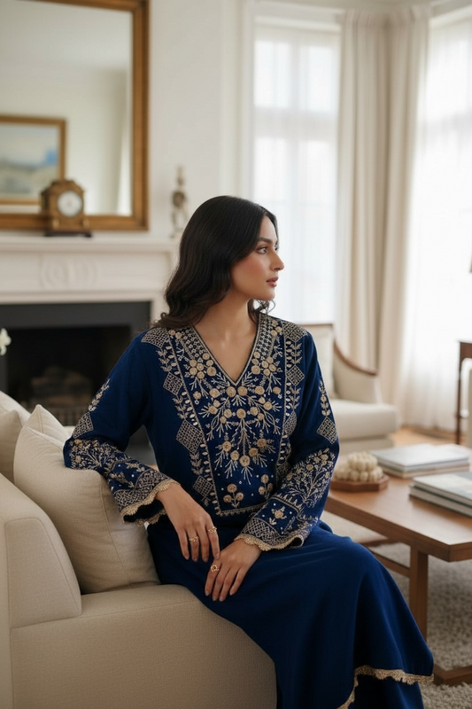Midnight Blue Velvet Kurta with Zardozi – A Royal Classic Reimagined
