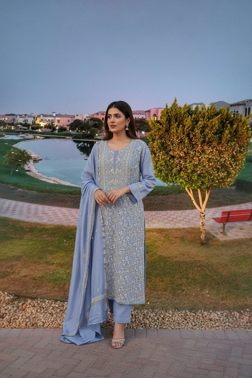Periwinkle Blue Pure Munga Silk Chikankari & Embellishments Suit
