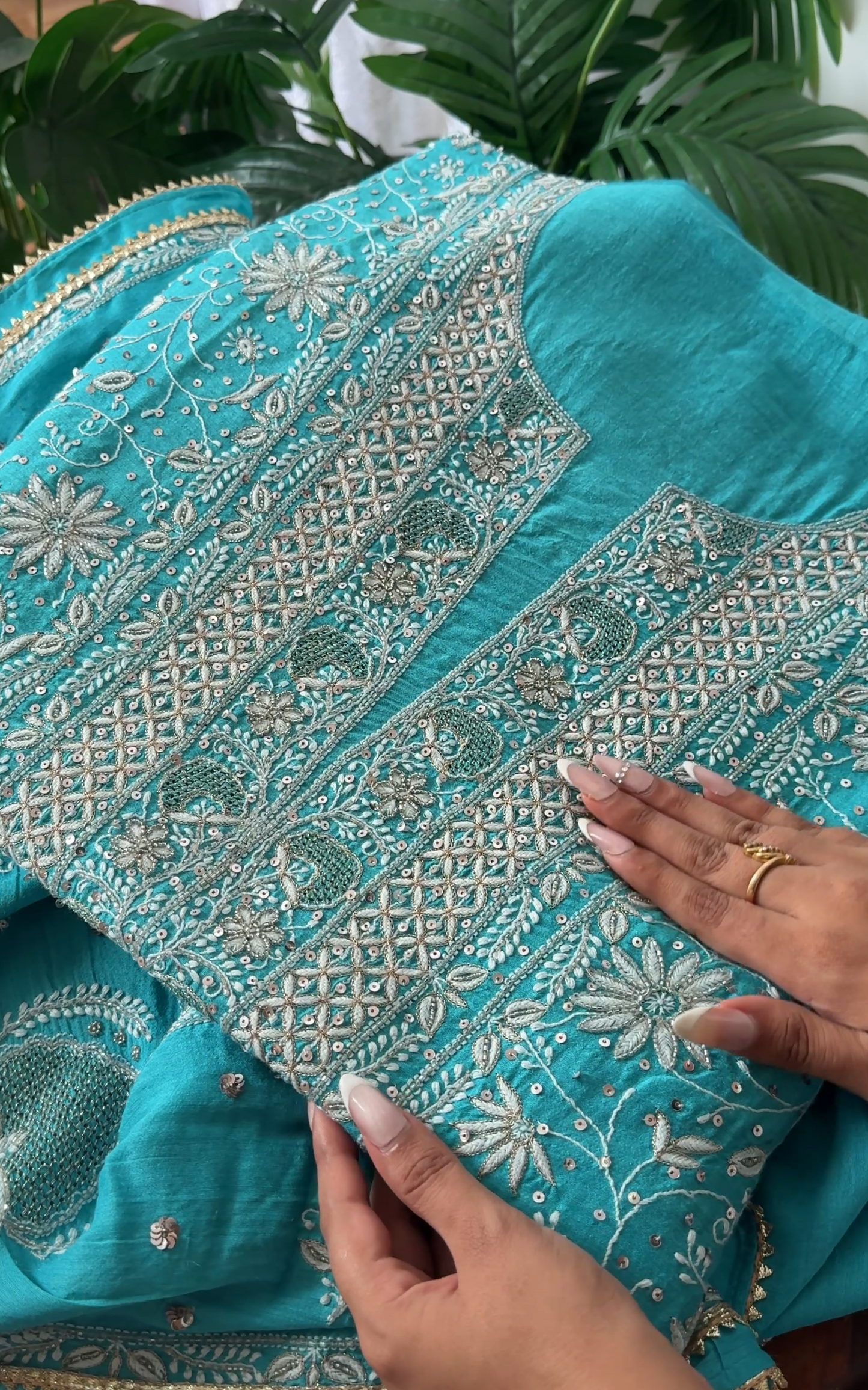Pure Munga Silk Chikankari with Embellishments | Turquoise Classic