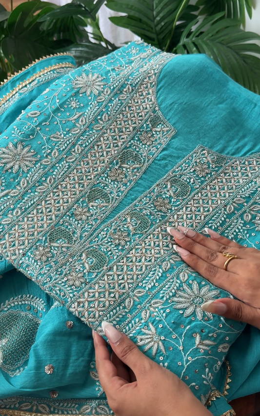 Pure Munga Silk Chikankari with Embellishments | Turquoise Classic