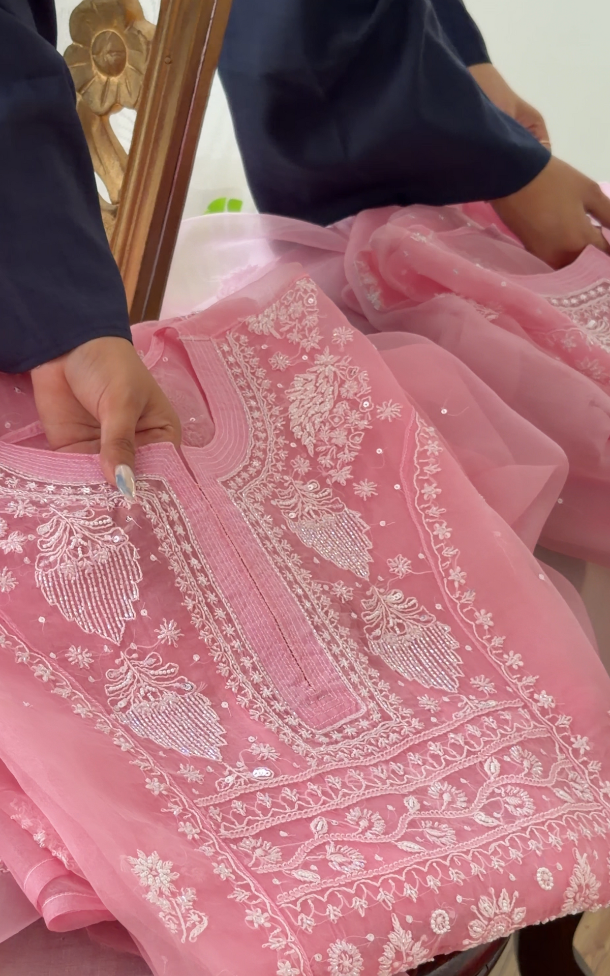 Pink Pure Organza Silk Kurta Set with Chikankari and Embellishments