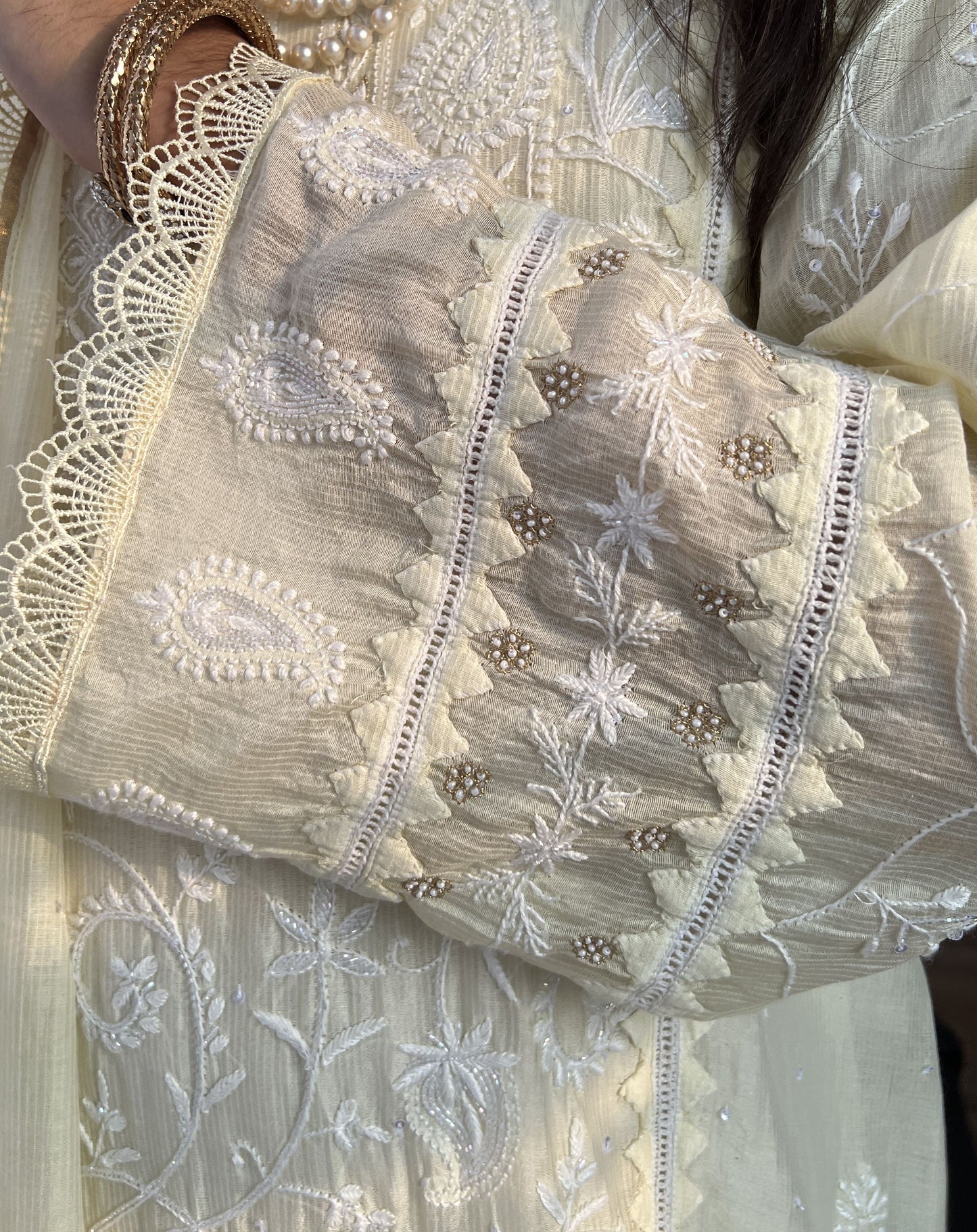 Ivory Chikankari Applique Maheshwari Cotton Embellished Suit