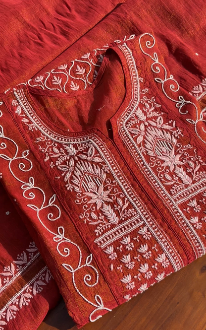 Maroon Tissue Chanderi Silk Suit with Chikankari and Embellishments
