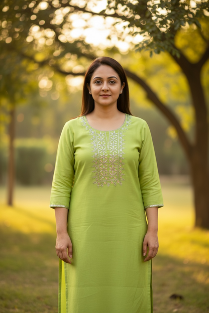 Chanderi Mukaish Kurta - Lime Green