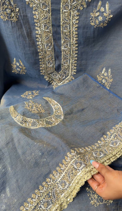 The Celestial "Chand" Ensemble | Pure Tissue Chanderi Silk Hand-Embroidered Chikankari Set