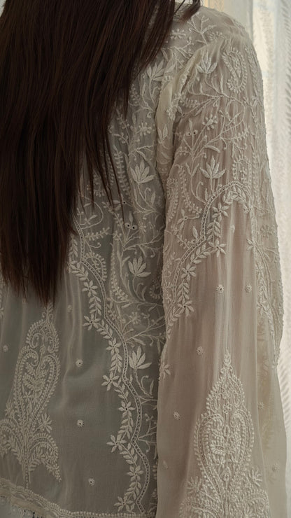 The Mehrab Shirt showing intricate hand-embroidered chikankari on premium pure georgette fabric.