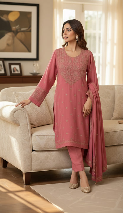Handcrafted Pashmina Suit with Chikankari & Mukaish Kamdani