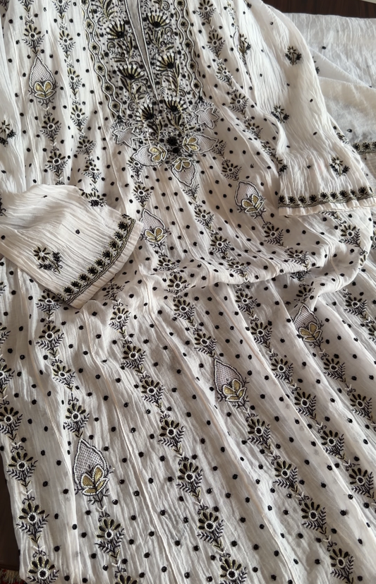 Monochrome Anarkali with Chikankari and Embellishments| Mul Chanderi